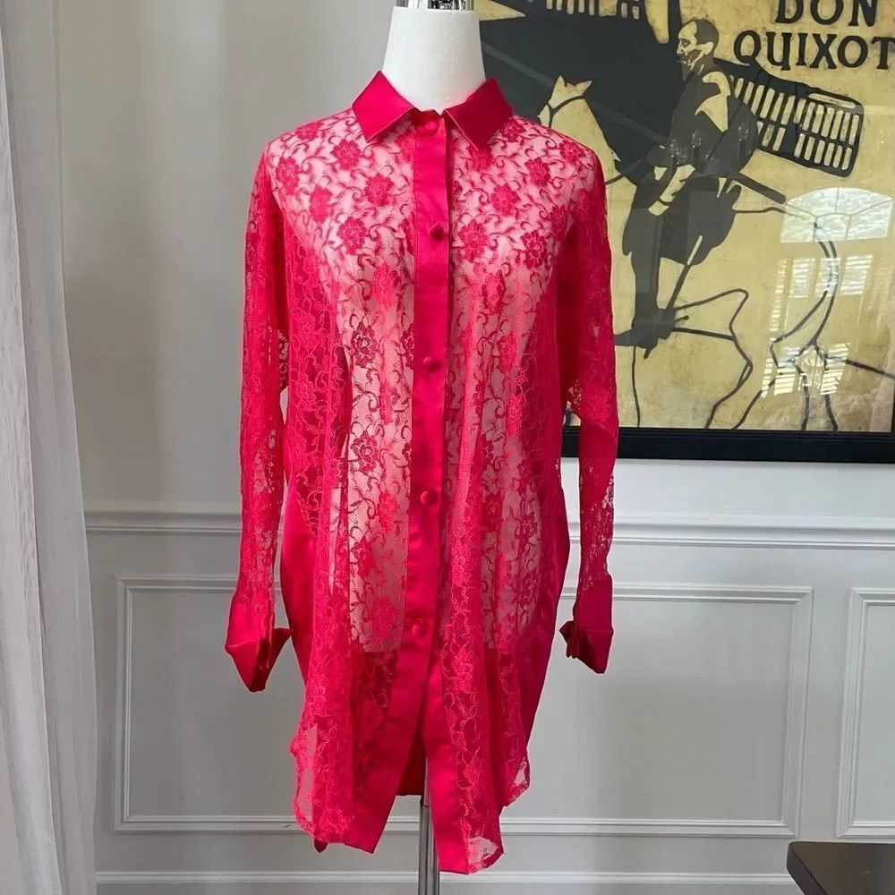 Vintage Gold Label Victoria’s Secret Red Lace Satin Night Shirt Pajamas S